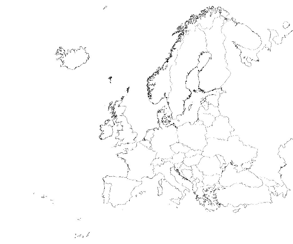 Outline map of Europe and surrounding regions with thin black coastlines on a white background.